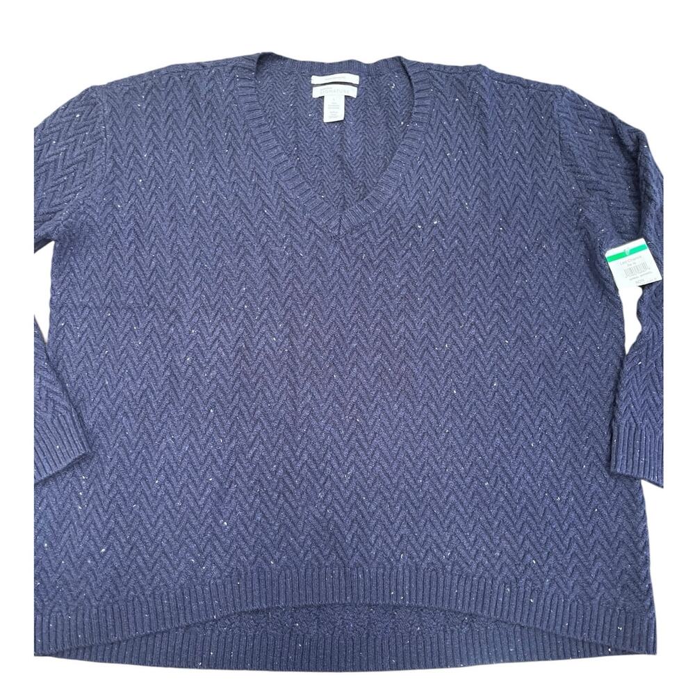 Nordstrom Signature Cashmere V-neck Herringbone Sweater | Womens L, Navy Tweed - Picture 9 of 9